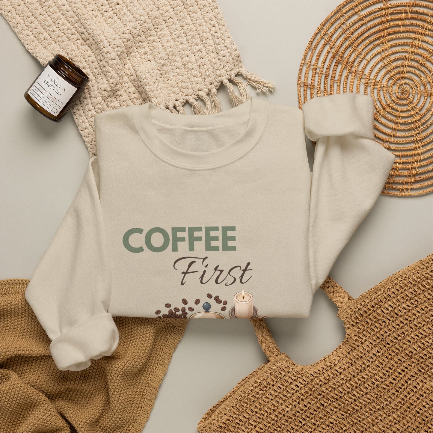 Coffee First Sweatshirt — Cozy Café Graphic Crewneck for Coffee Lovers