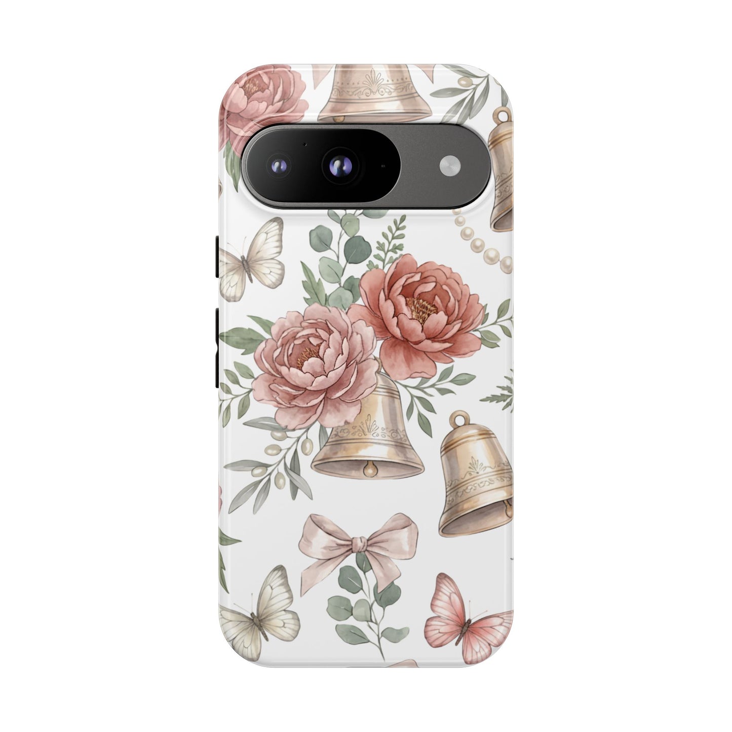 Floral Wedding Bells Phone Case — Vintage Roses, Butterflies & Bow Protective Tough Case