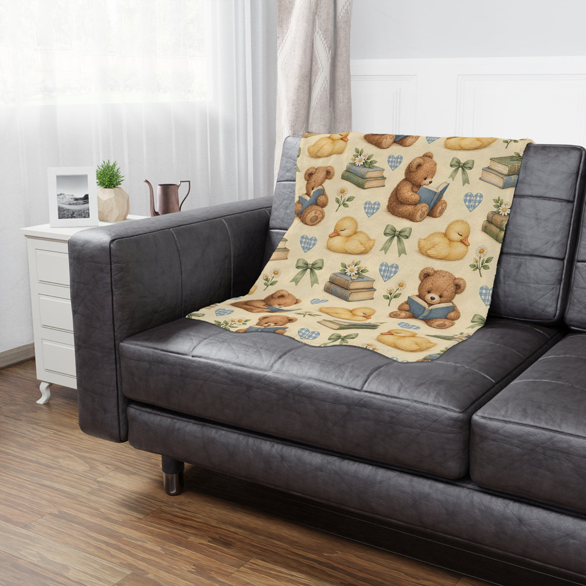 Cute Teddy Bear and Duckling Storytime Minky Blanket