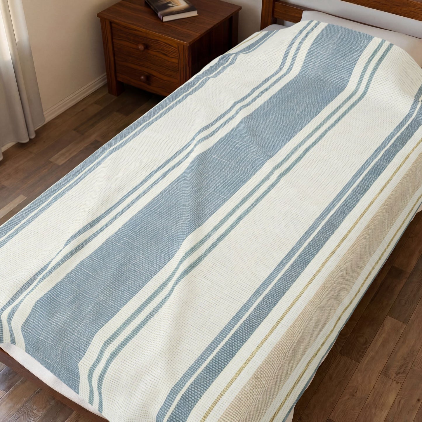 Striped Velveteen Plush Blanket — Cozy Blue & Beige Throw for Living Room or Beach