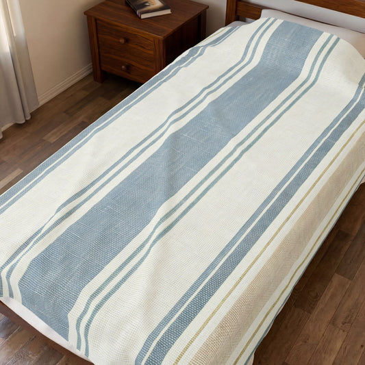 Striped Velveteen Plush Blanket — Cozy Blue & Beige Throw for Living Room or Beach