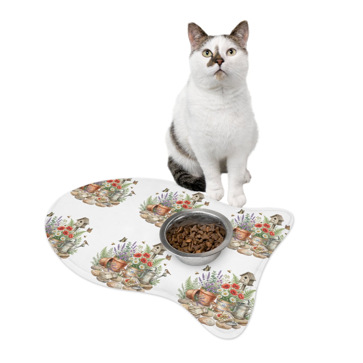 Floral Garden Pet Feeding Mat — Watercolor Birdhouse & Flowers