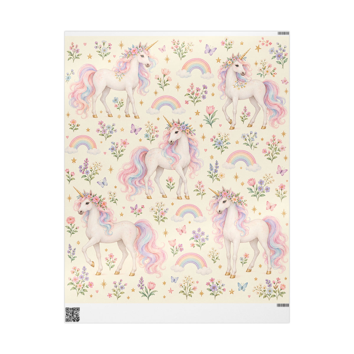 Unicorn Floral Wrapping Paper Roll — Pastel Rainbow Gift Wrap