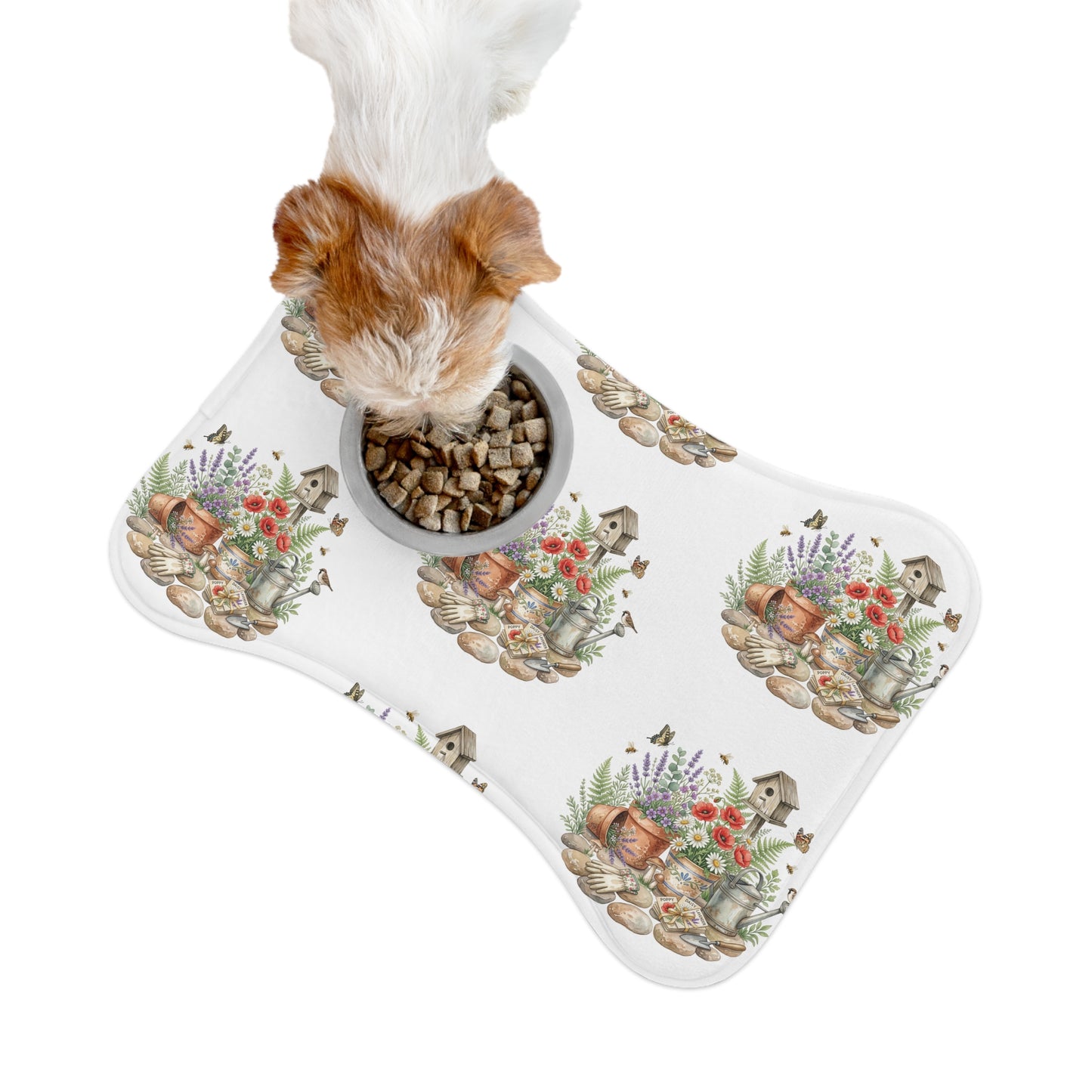 Floral Garden Pet Feeding Mat — Watercolor Birdhouse & Flowers
