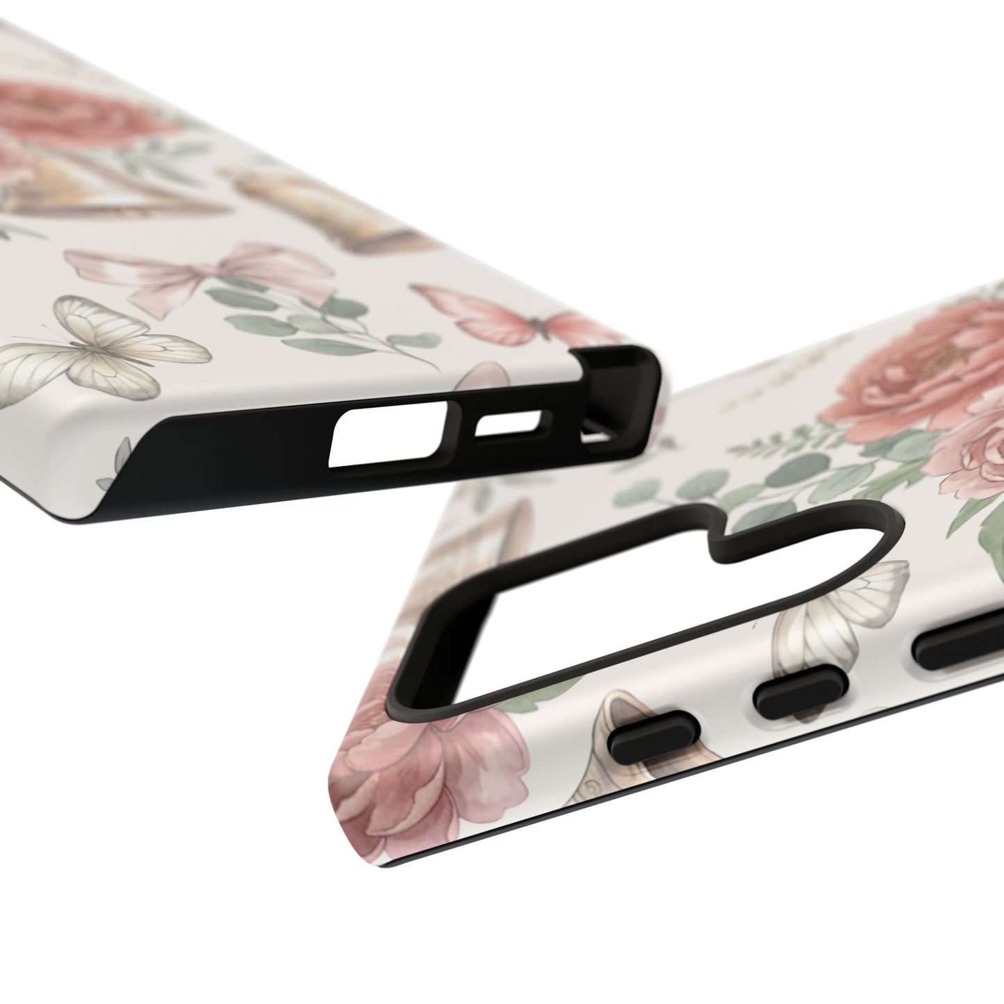 Floral Wedding Bells Phone Case — Vintage Roses, Butterflies & Bow Protective Tough Case