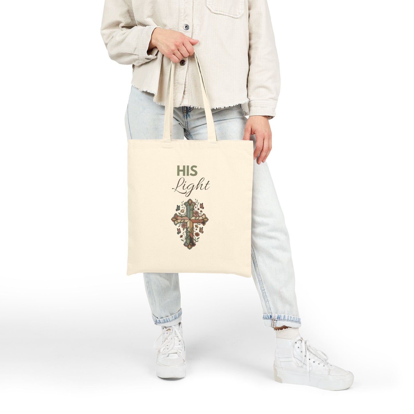 His Light Canvas Tote Bag — Faith Cross Floral Eco Grocery Bag