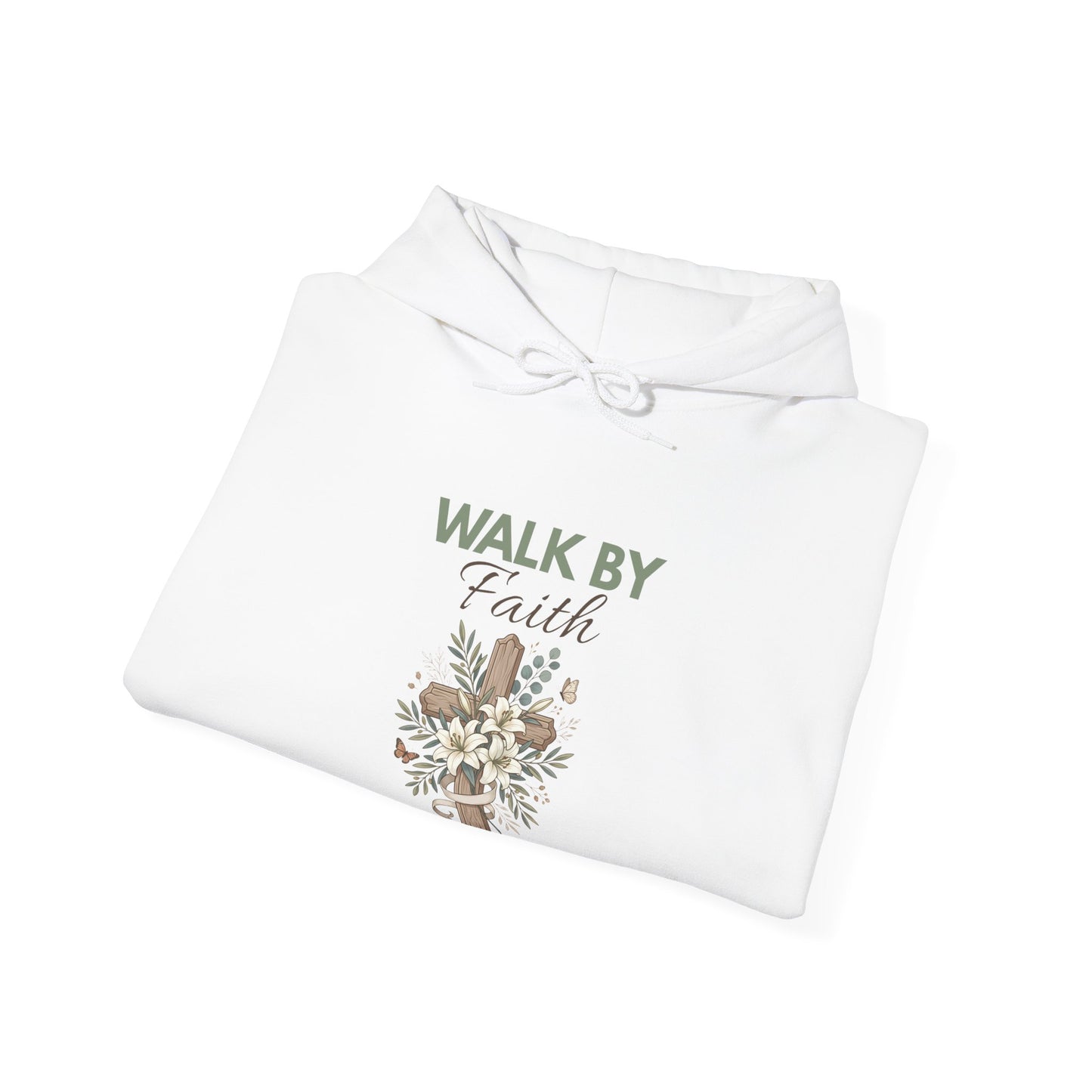 A folded white hooded sweatshirt with 'WALK BY Faith' on the front.