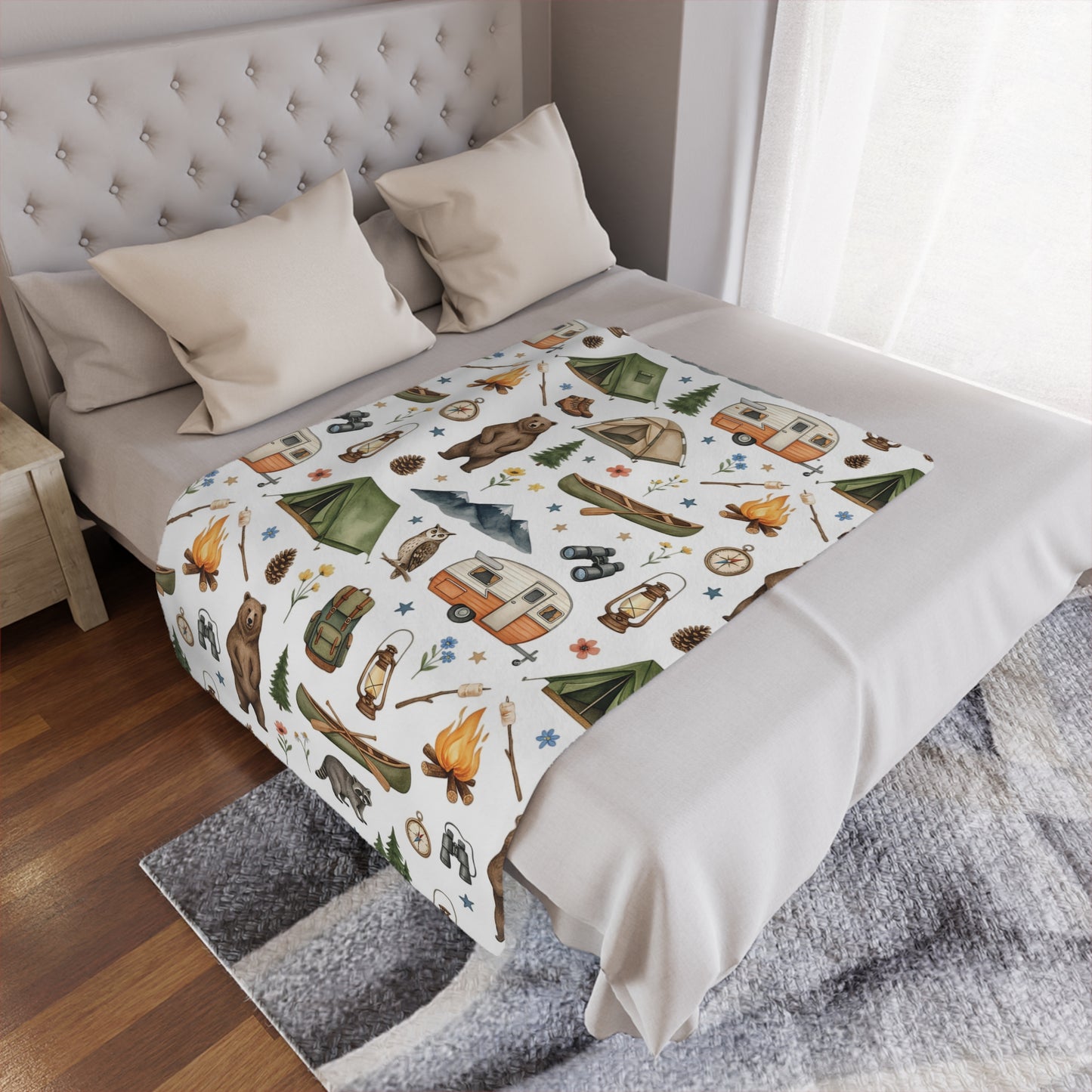 Camping Pattern Minky Blanket — Cozy Outdoor Adventure Throw with Tents, Campfire & Wildlife