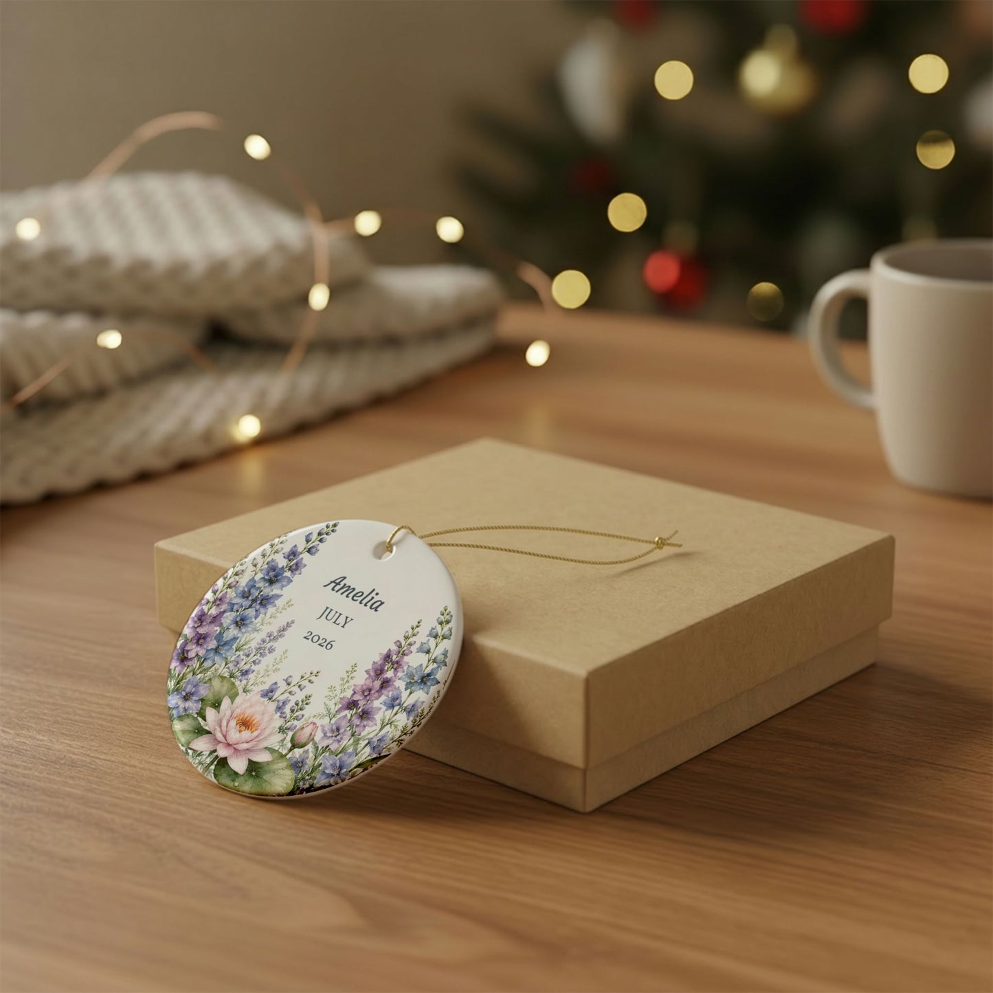 Personalized Floral Ceramic Ornament — Custom Name & Year (Amelia JULY 2026)