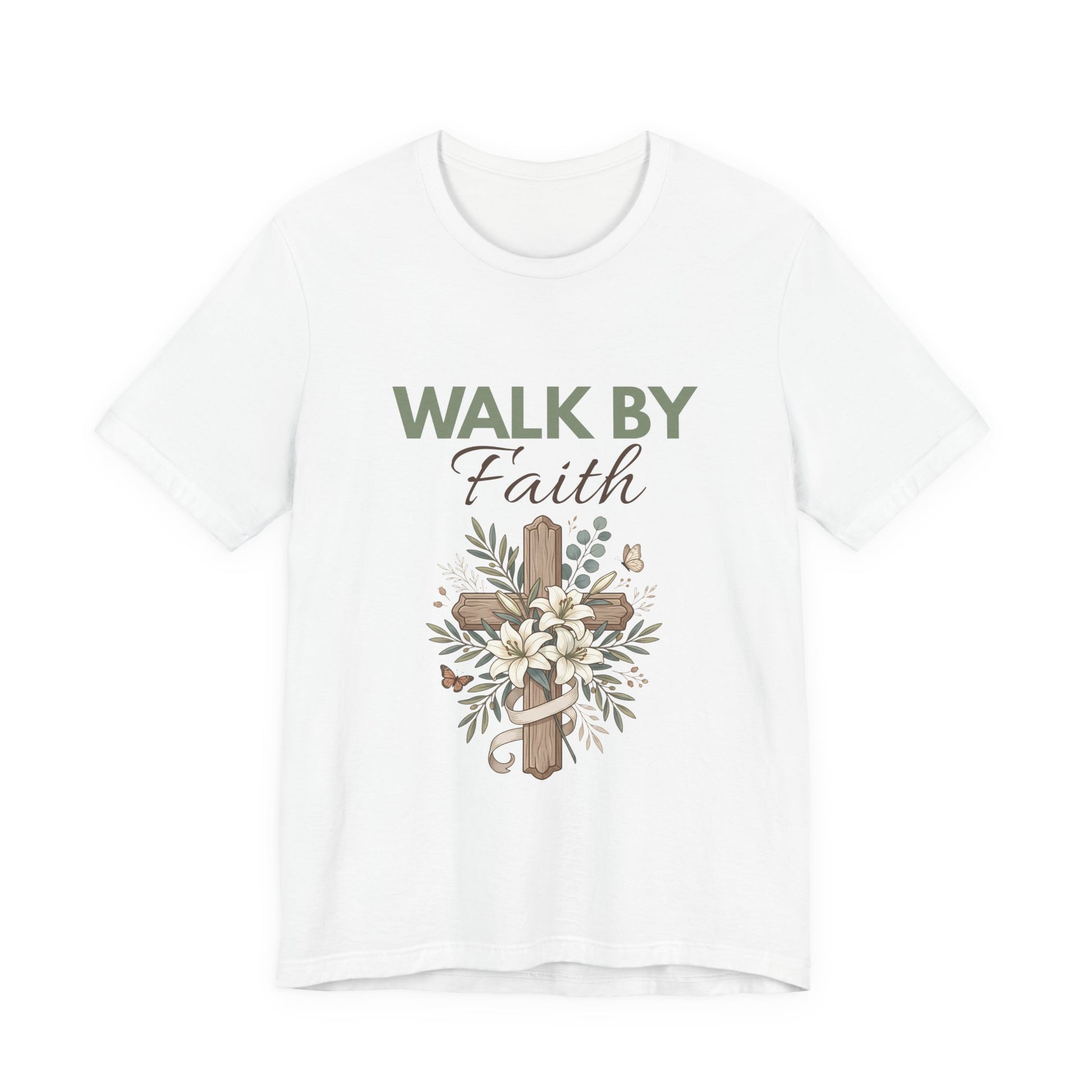 White t-shirt with 'Walk By Faith' text and cross design on a white background