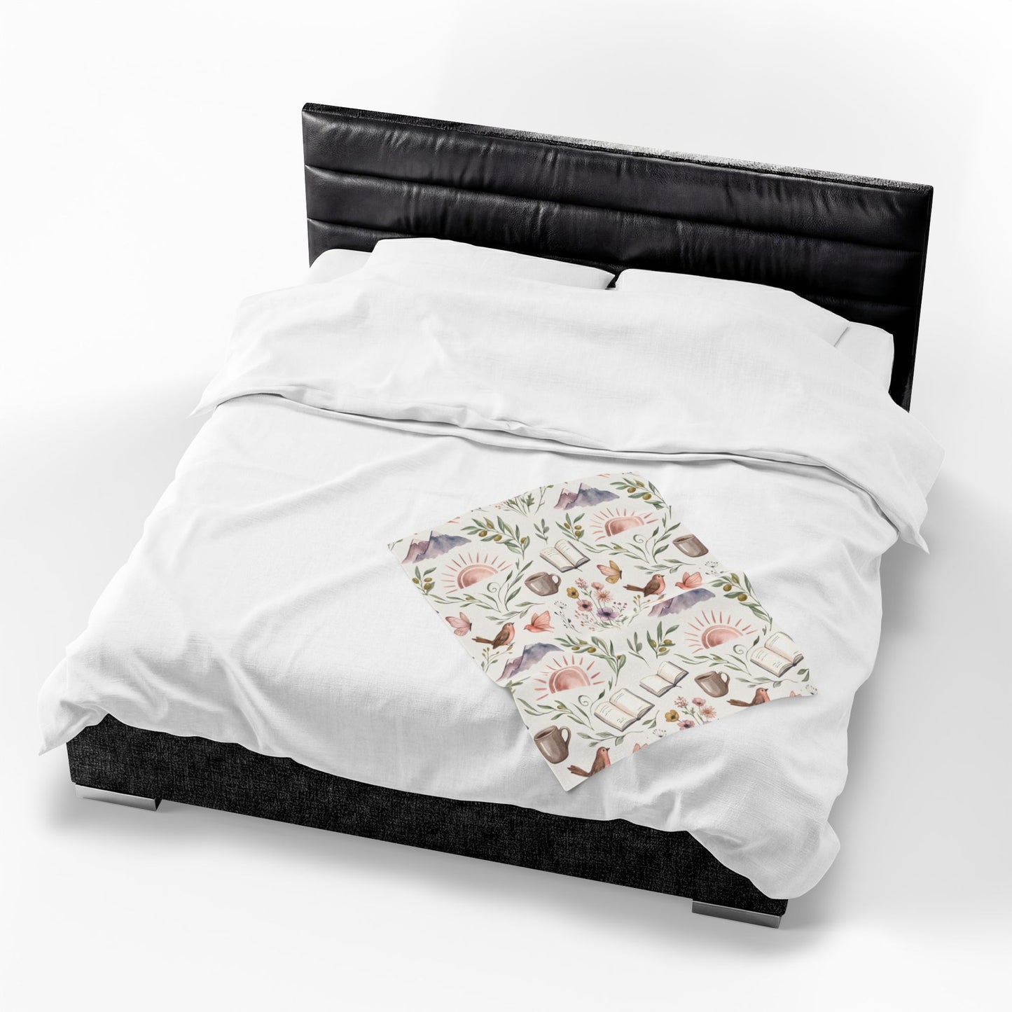 Cozy Bookish Floral Velvet Plush Blanket — Sun, Mountains & Tea Pattern