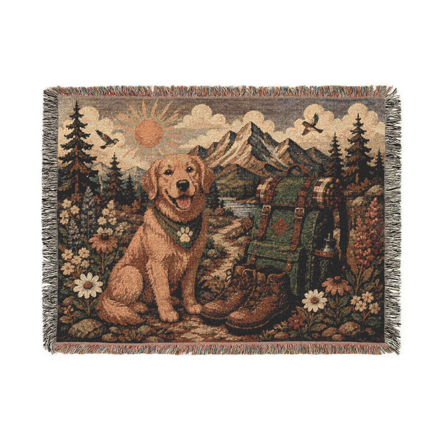 Golden Retriever Cabin Woven Blanket — Rustic Mountain Dog Throw