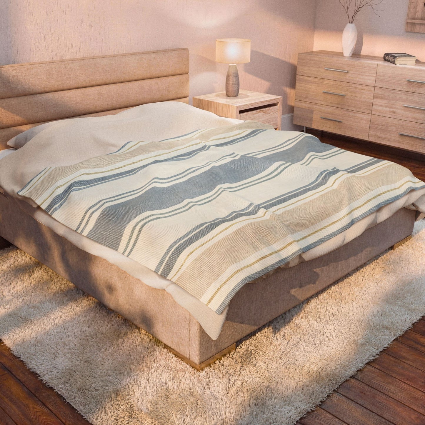Striped Velveteen Plush Blanket — Cozy Blue & Beige Throw for Living Room or Beach