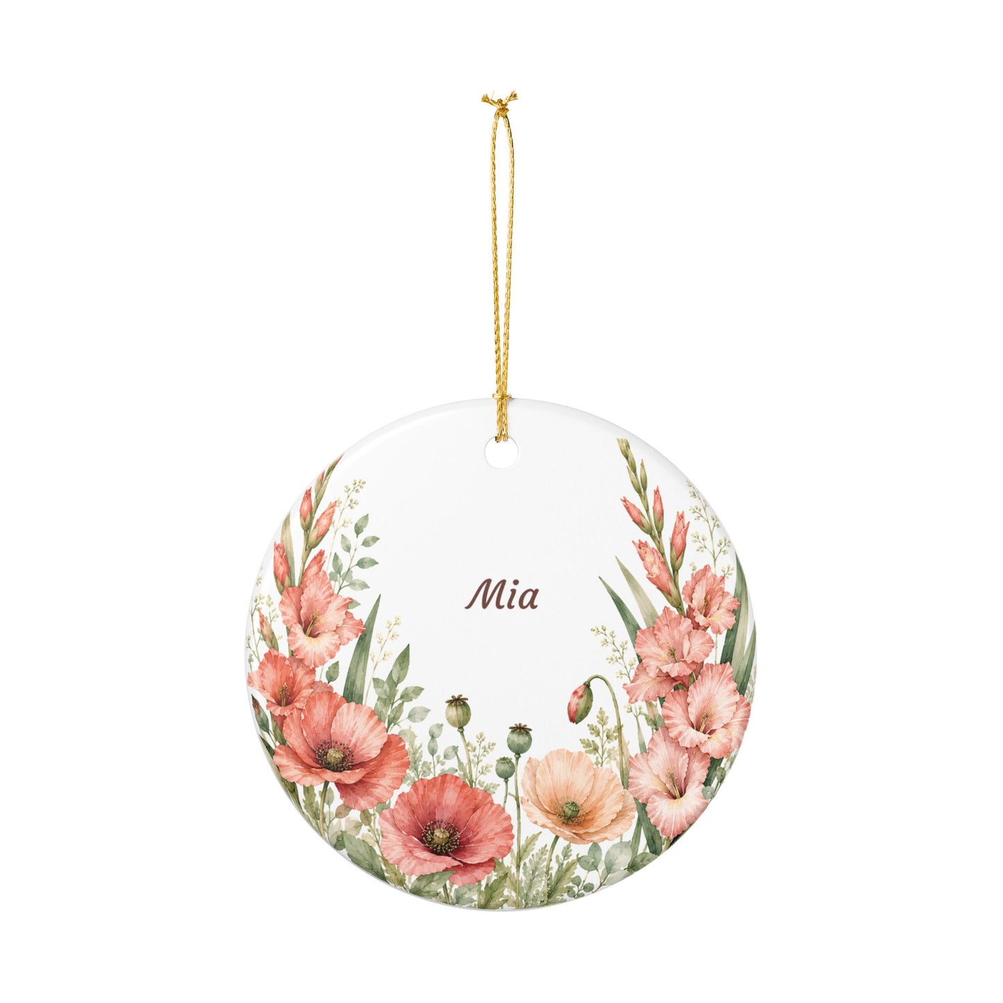 Personalized Floral Ceramic Ornament — Custom Name Poppy & Gladiolus Holiday Decoration
