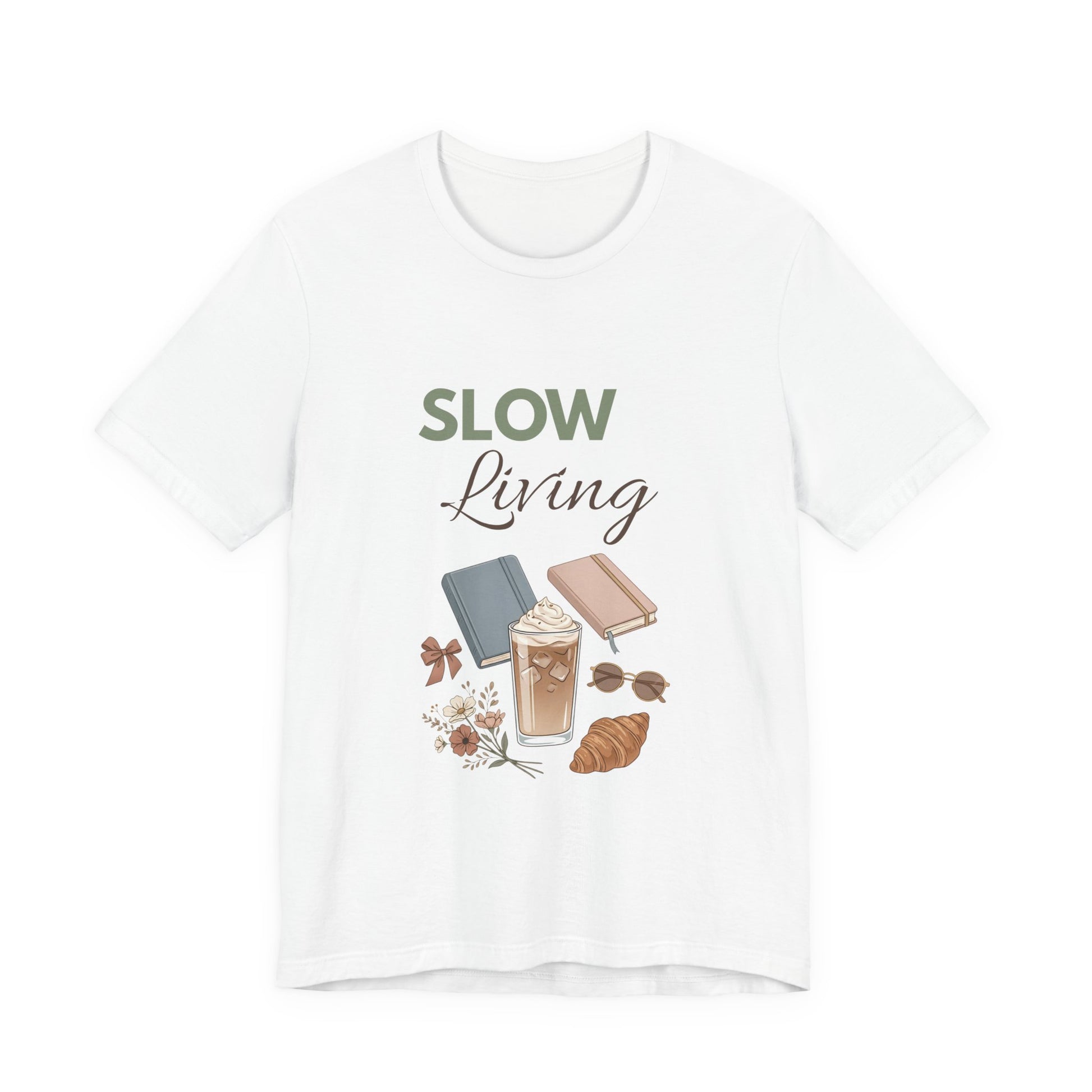 White t-shirt with 'Slow Living' text and illustrations on a white background