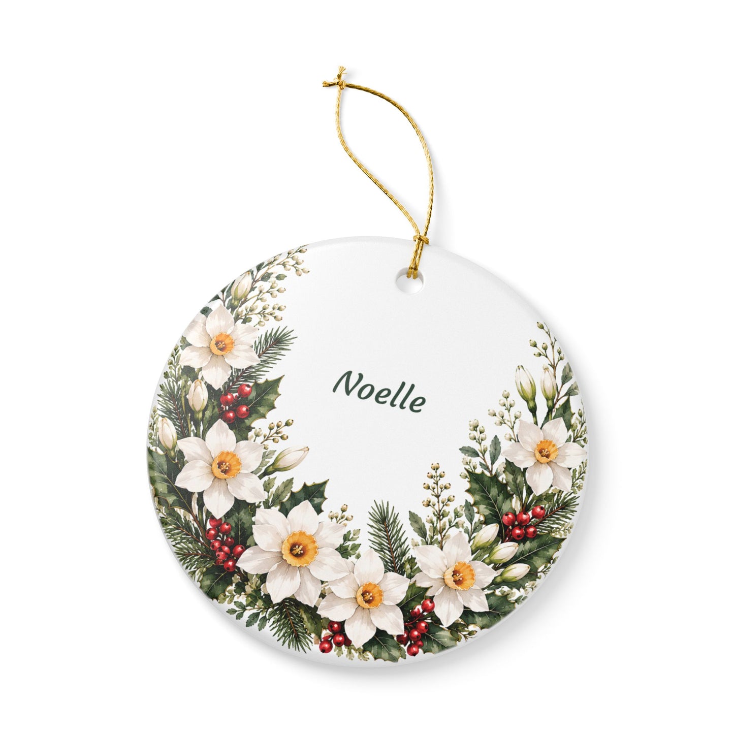 Personalized Ceramic Ornament — White Poinsettia & Berry Holiday Decoration