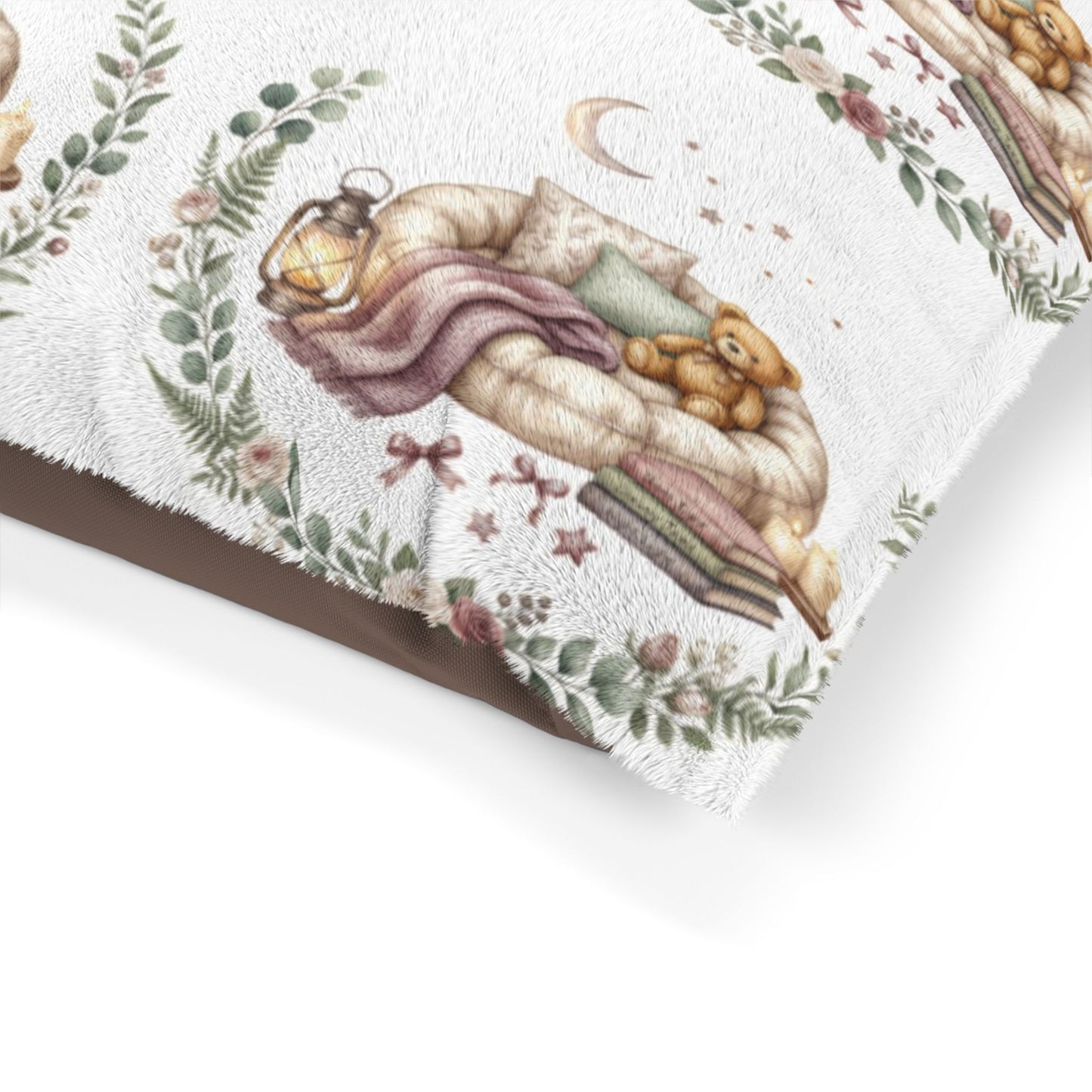 Moonlit Botanical Pet Bed – Watercolor Greenery & Moon Print