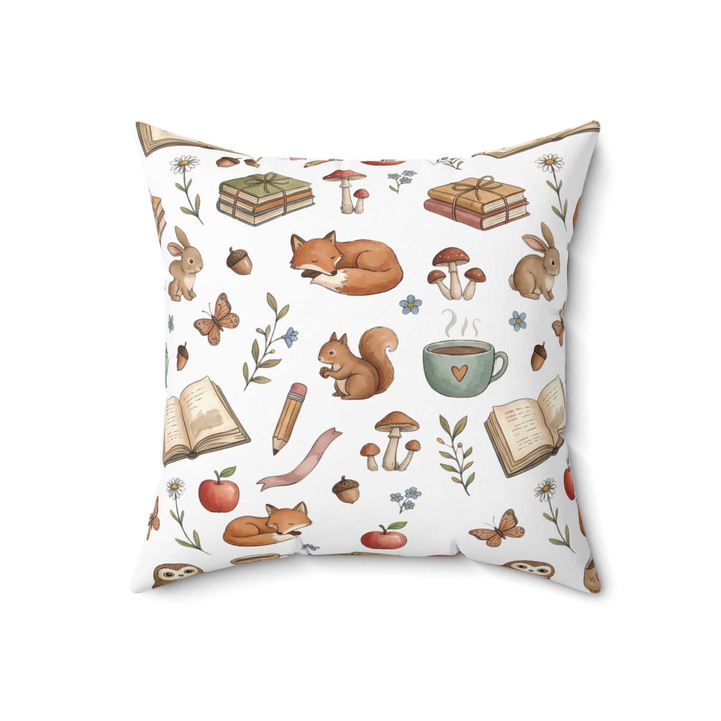 Cozy Woodland Reading Pillow — Fox & Squirrel Autumn Pattern Square Pillow