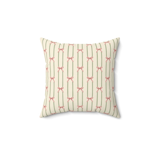 Vintage Bow Stripe Decorative Pillow — Pink Ribbon Pattern Square Throw Pillow