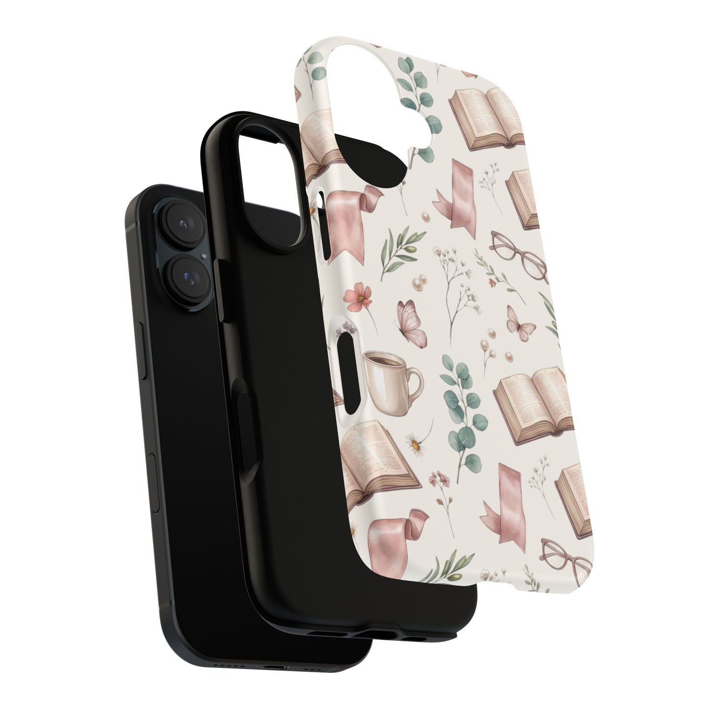 Bookish Floral Phone Case — Cozy Reading Pattern with Open Books, Glasses & Coffee