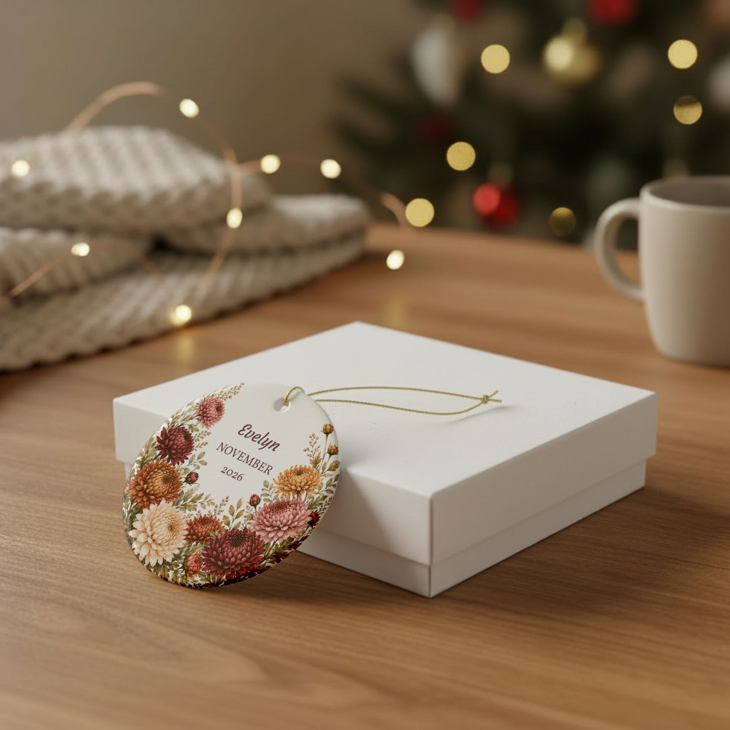 Personalized Ceramic Ornament – Autumn Chrysanthemum Name & Year Keepsake (Custom Name, Month & Year)