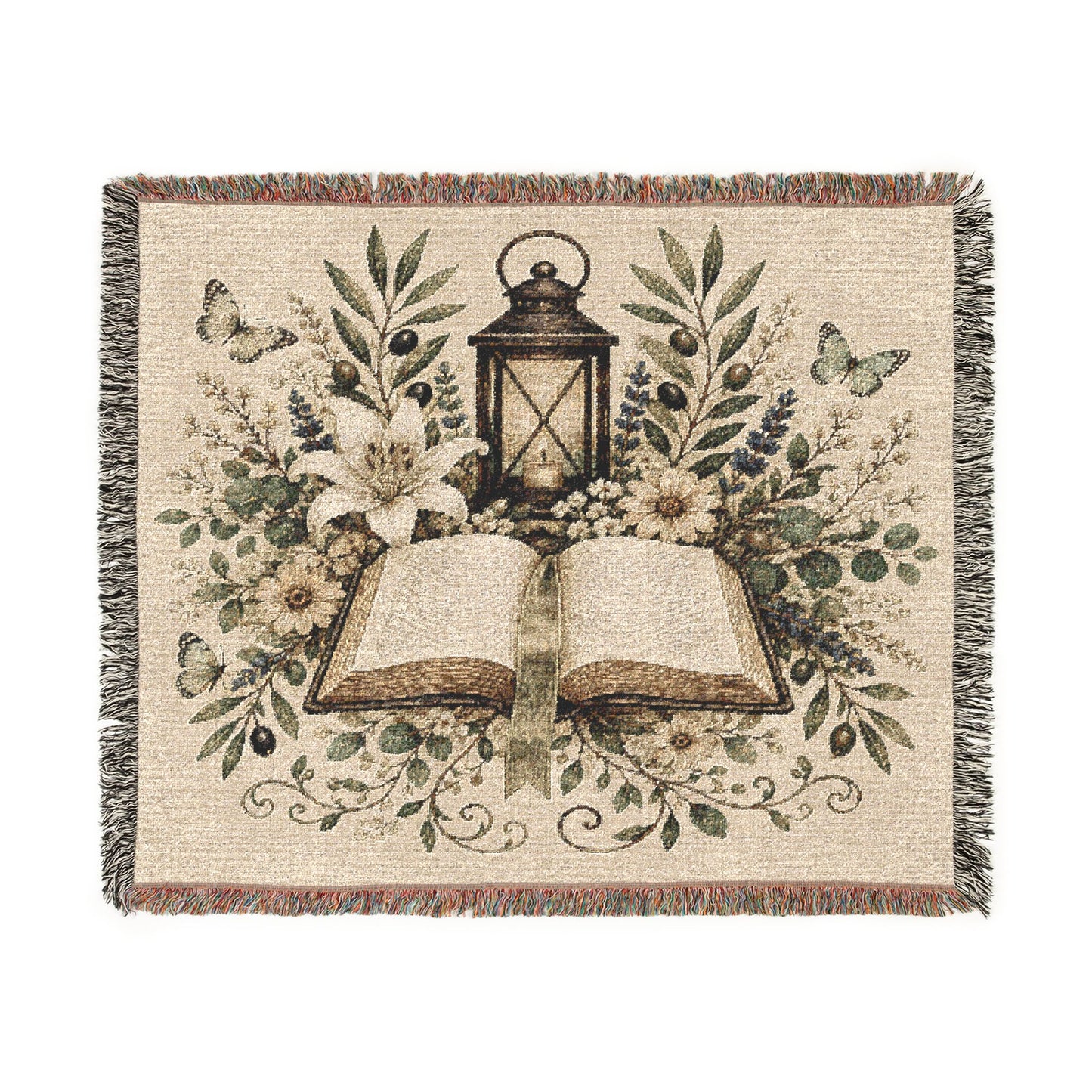 Woven Blanket — Vintage Bible & Lantern Tapestry Throw