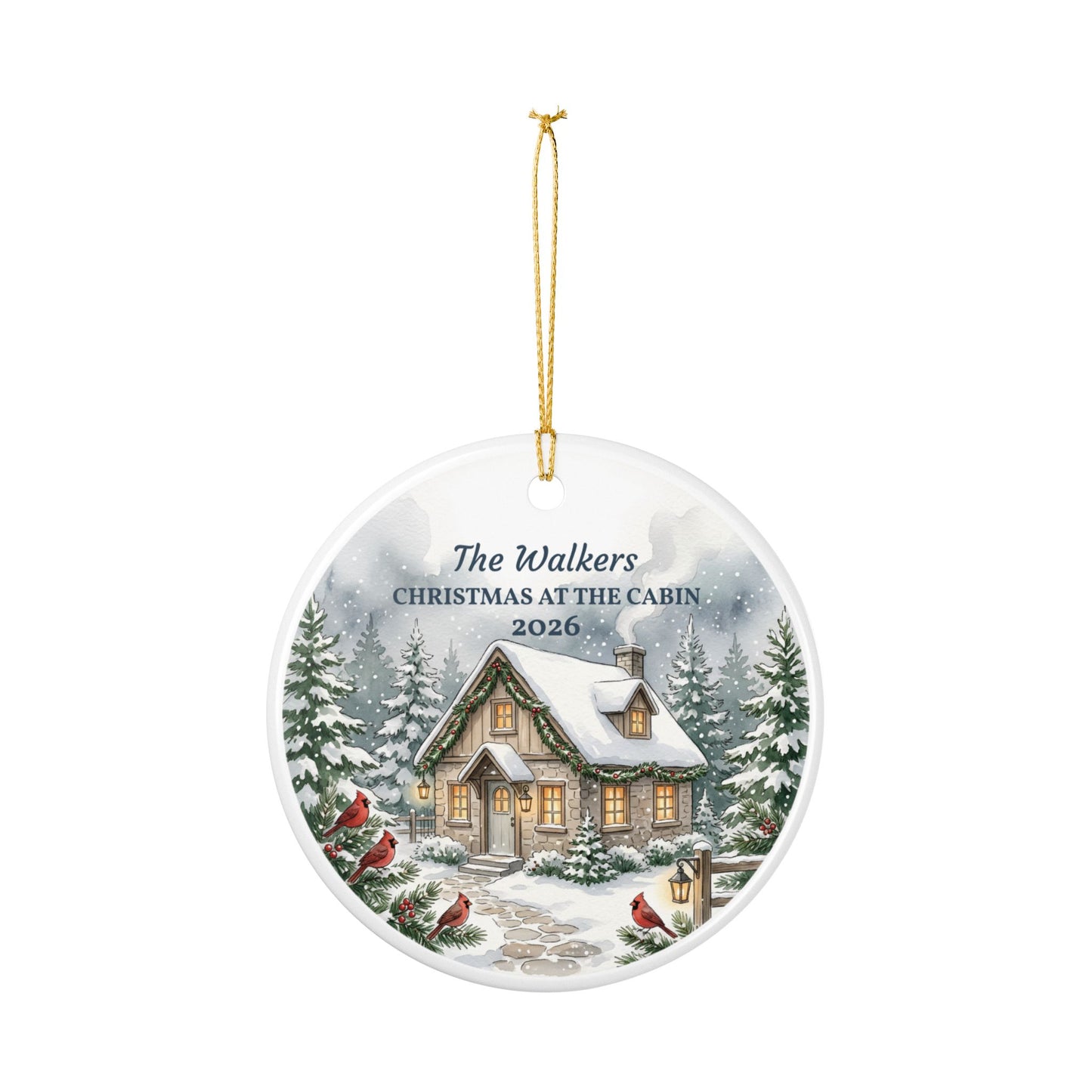 Personalized Ceramic Christmas Ornament – 'Christmas at the Cabin' Snowy Cottage (Custom Name & Year)