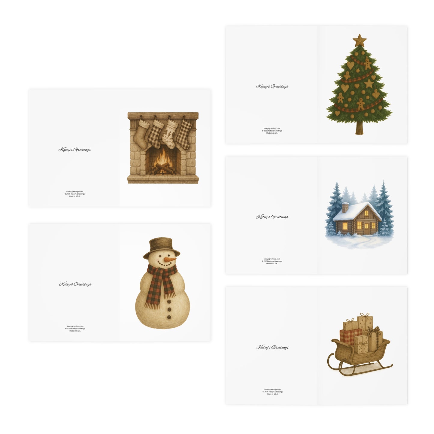 Rustic Christmas Greeting Card Set – 5 Blank Holiday Cards with Envelopes