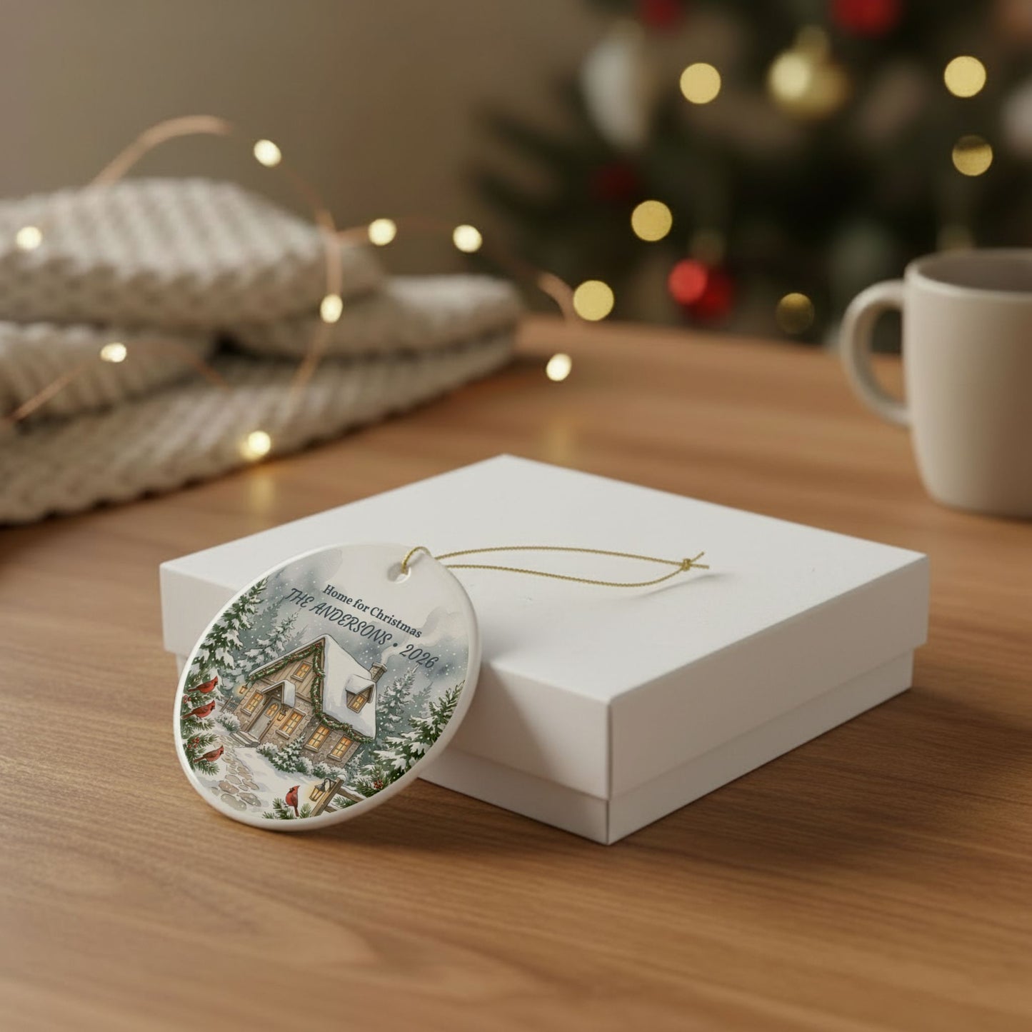 Personalized Ceramic Christmas Ornament - 'Home for Christmas' Snowy Cottage, Family Name & Year