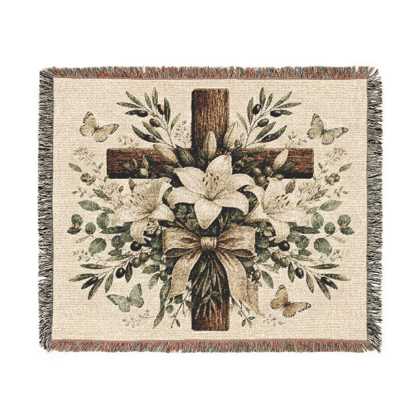 Woven Blanket — Floral Cross Tapestry Throw (Easter / Religious Home Décor)