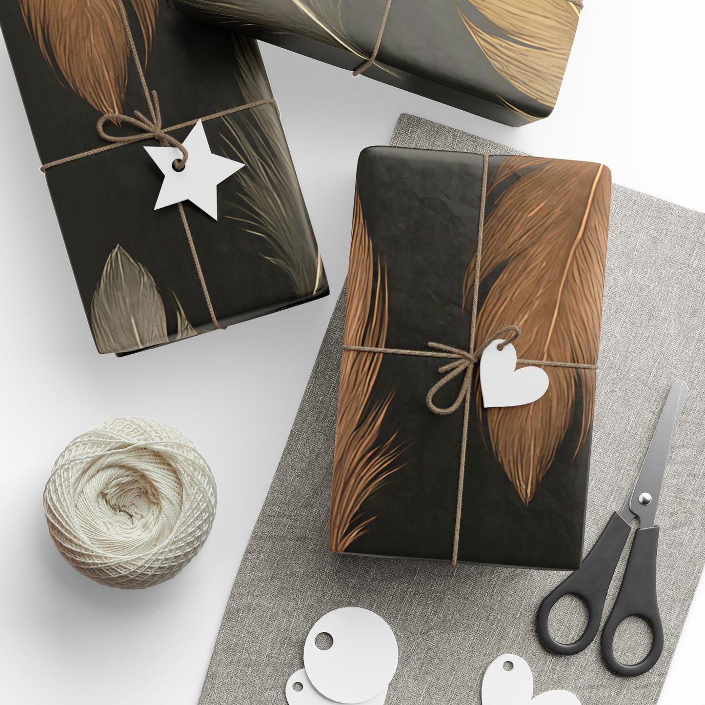 Luxury Feather Print Wrapping Paper – Metallic Gold, Bronze & Silver Design