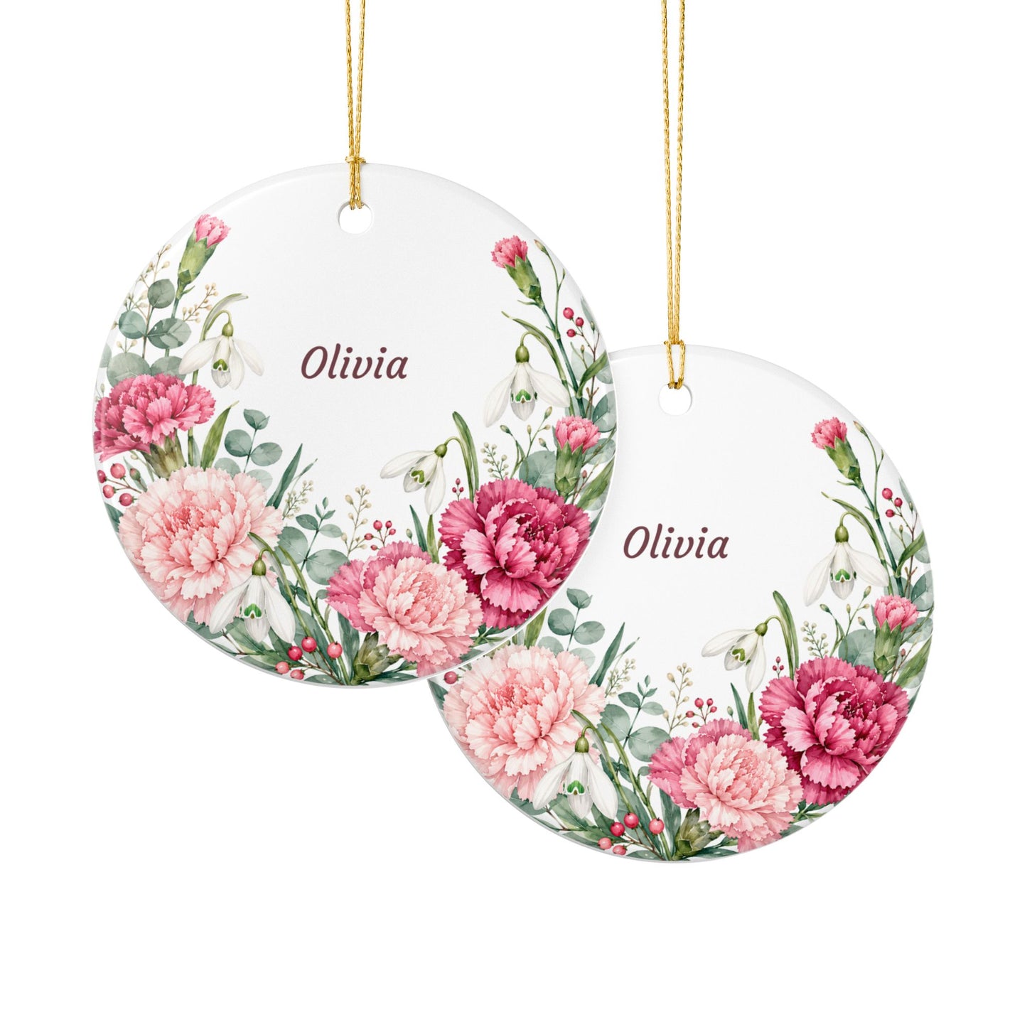 Personalized Floral Ornament - Custom Name Ceramic Holiday Decoration