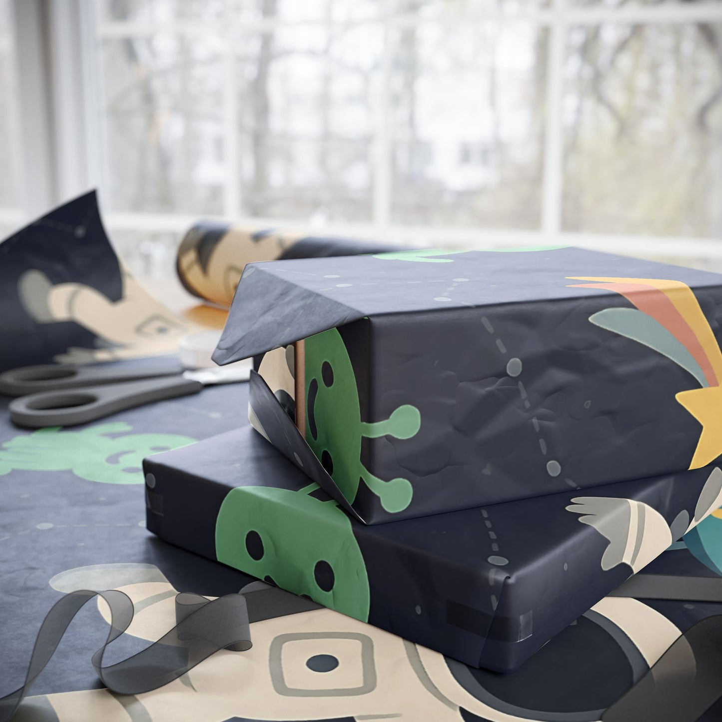 Space Explorers Wrapping Paper – Astronauts, Aliens & UFOs on Navy Starry Sky