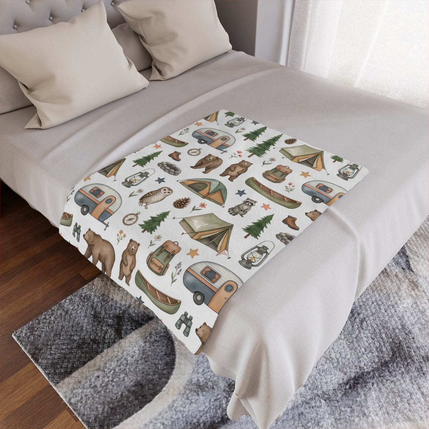 Camping Pattern Minky Blanket — Cozy Outdoor Adventure Throw with Tents, Campfire & Wildlife