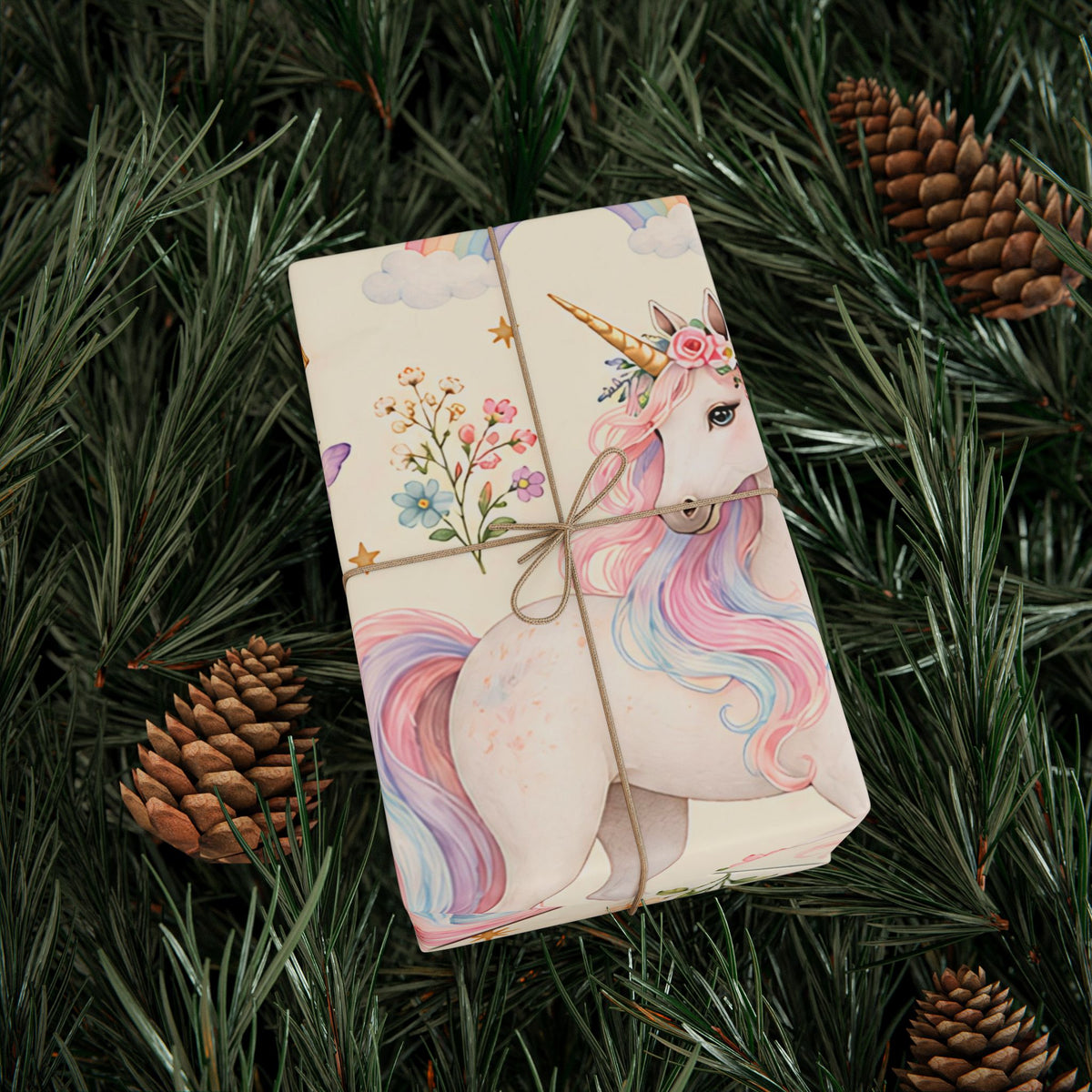 Unicorn Floral Wrapping Paper Roll — Pastel Rainbow Gift Wrap