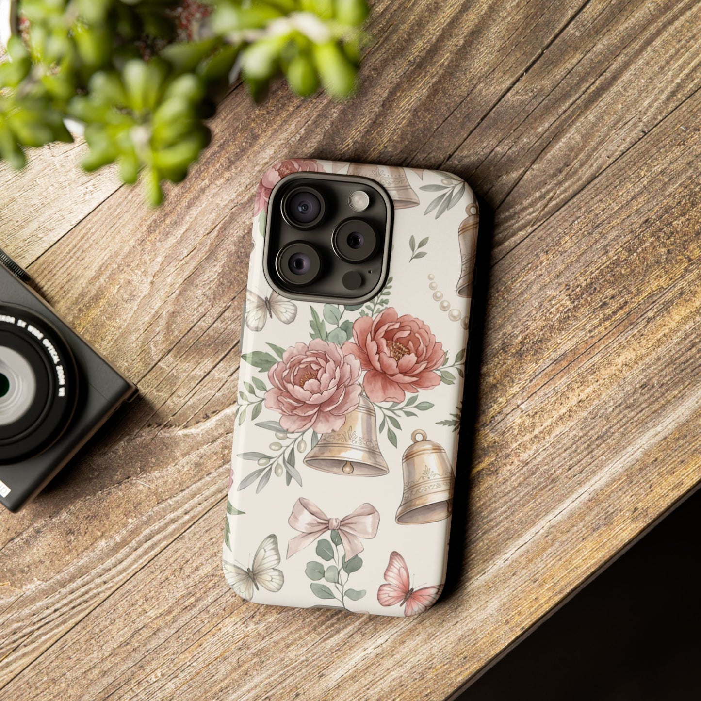 Floral Wedding Bells Phone Case — Vintage Roses, Butterflies & Bow Protective Tough Case