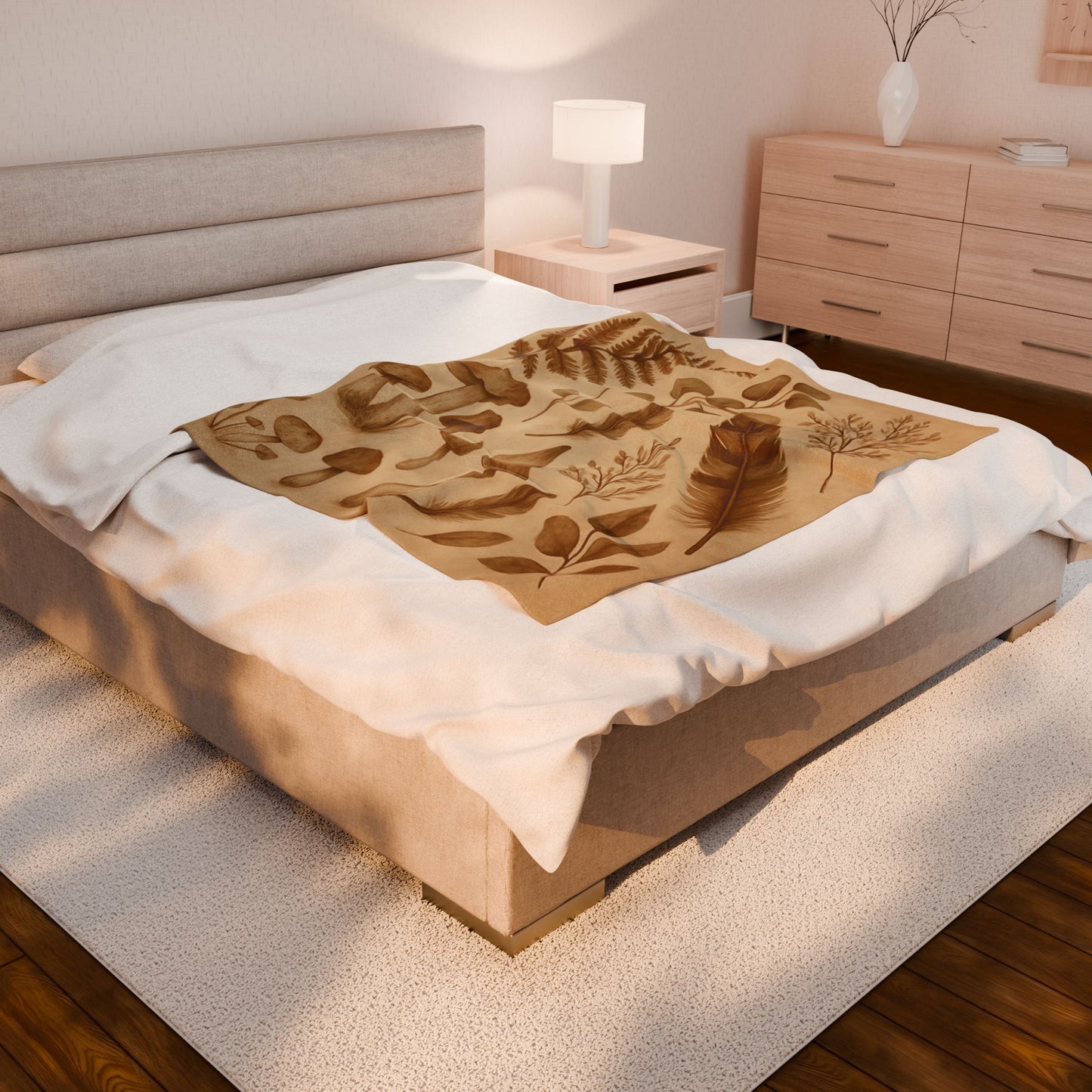 Botanical Mushroom & Fern Plush Blanket - Earthy Nature-Inspired Throw