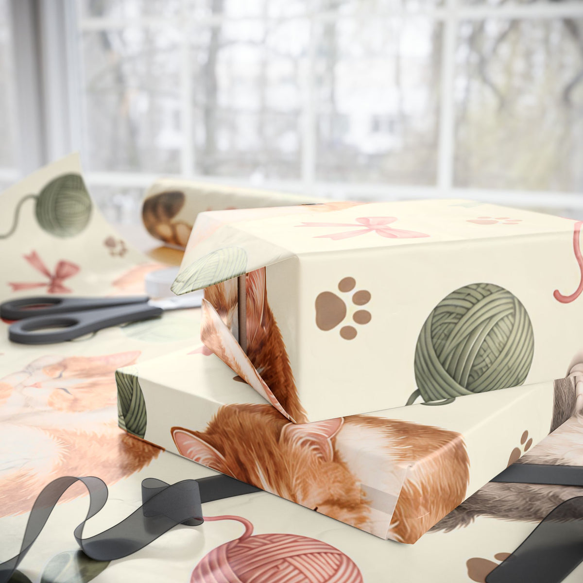 Cat & Yarn Pattern Wrapping Paper Roll — Cute Kitty Gift Wrap for Pet Lovers