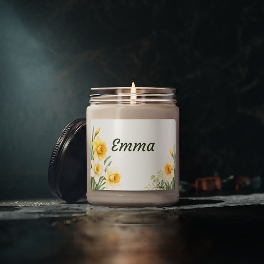 Personalized Daffodil Soy Candle — 9oz Scented Jar (Custom Name: Emma)