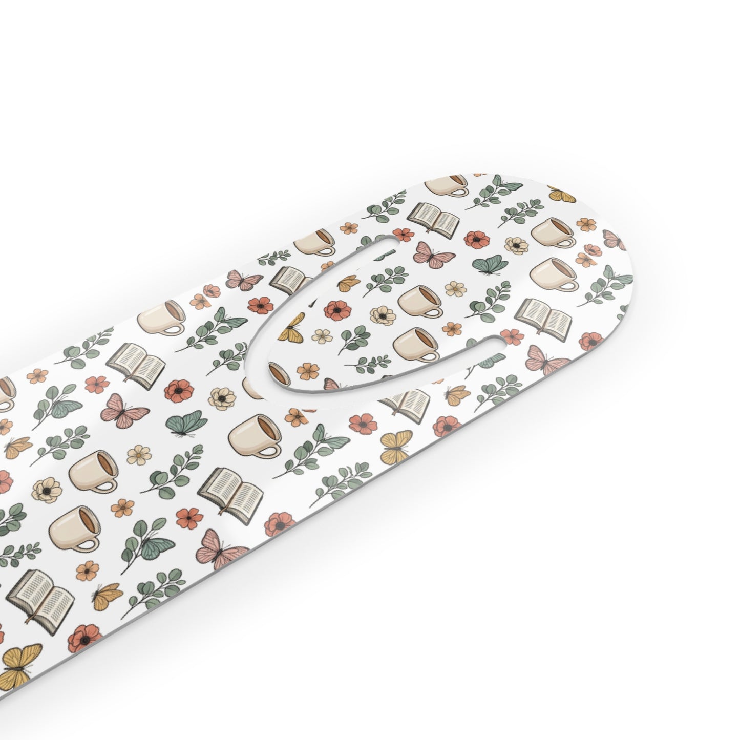 Cozy Reading Metal Bookmark — Tea, Books & Leaves Pattern