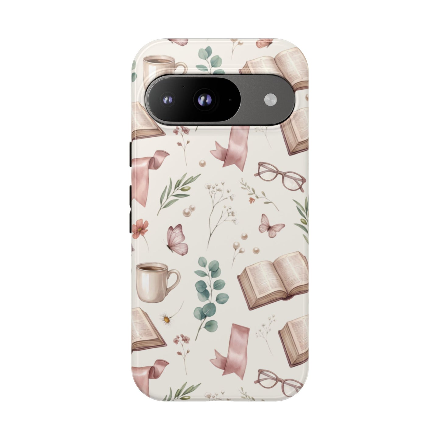 Bookish Floral Phone Case — Cozy Reading Pattern with Open Books, Glasses & Coffee