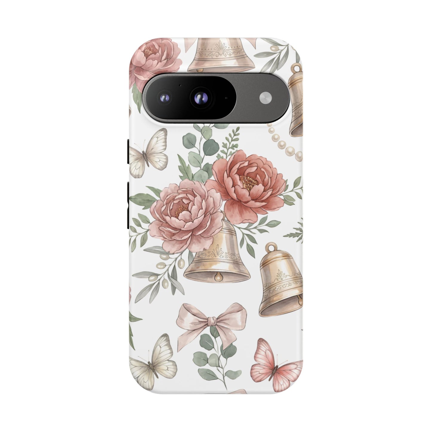Floral Wedding Bells Phone Case — Vintage Roses, Butterflies & Bow Protective Tough Case