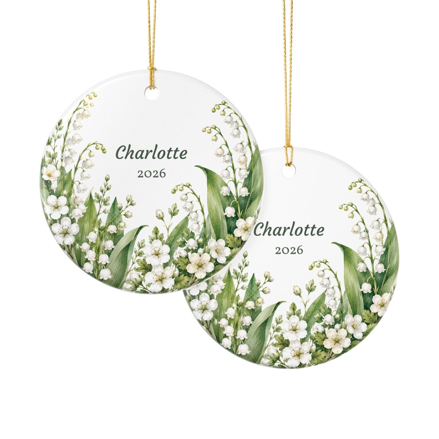 Personalized Lily of the Valley Ceramic Ornament — Custom Name & Year (e.g., Charlotte 2026)