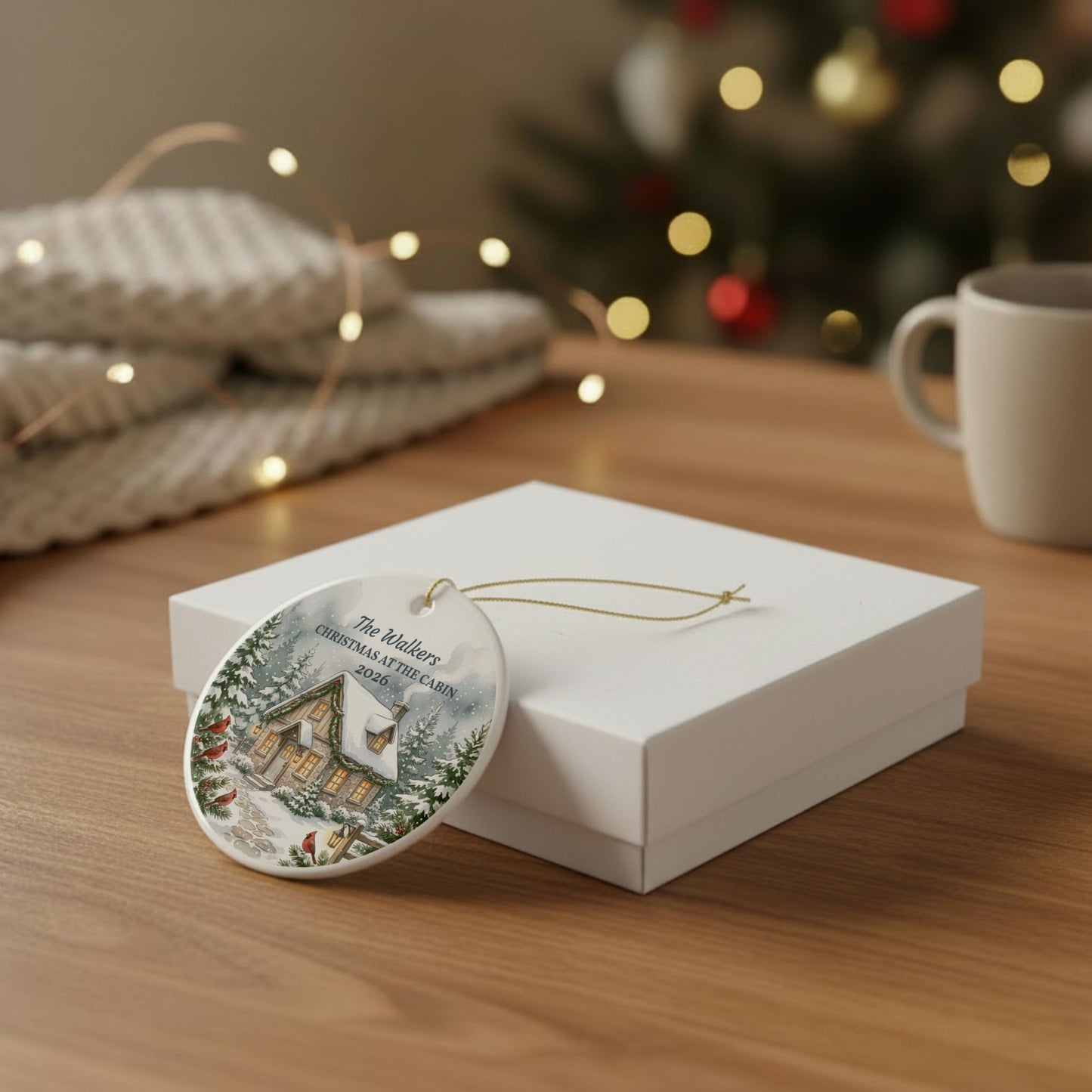 Personalized Ceramic Christmas Ornament – 'Christmas at the Cabin' Snowy Cottage (Custom Name & Year)