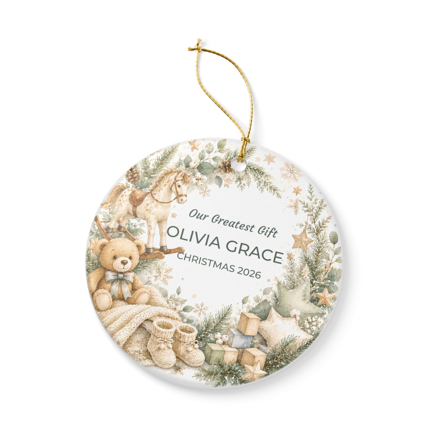Personalized Baby’s First Christmas Ceramic Ornament — “Our Greatest Gift” Name & Year
