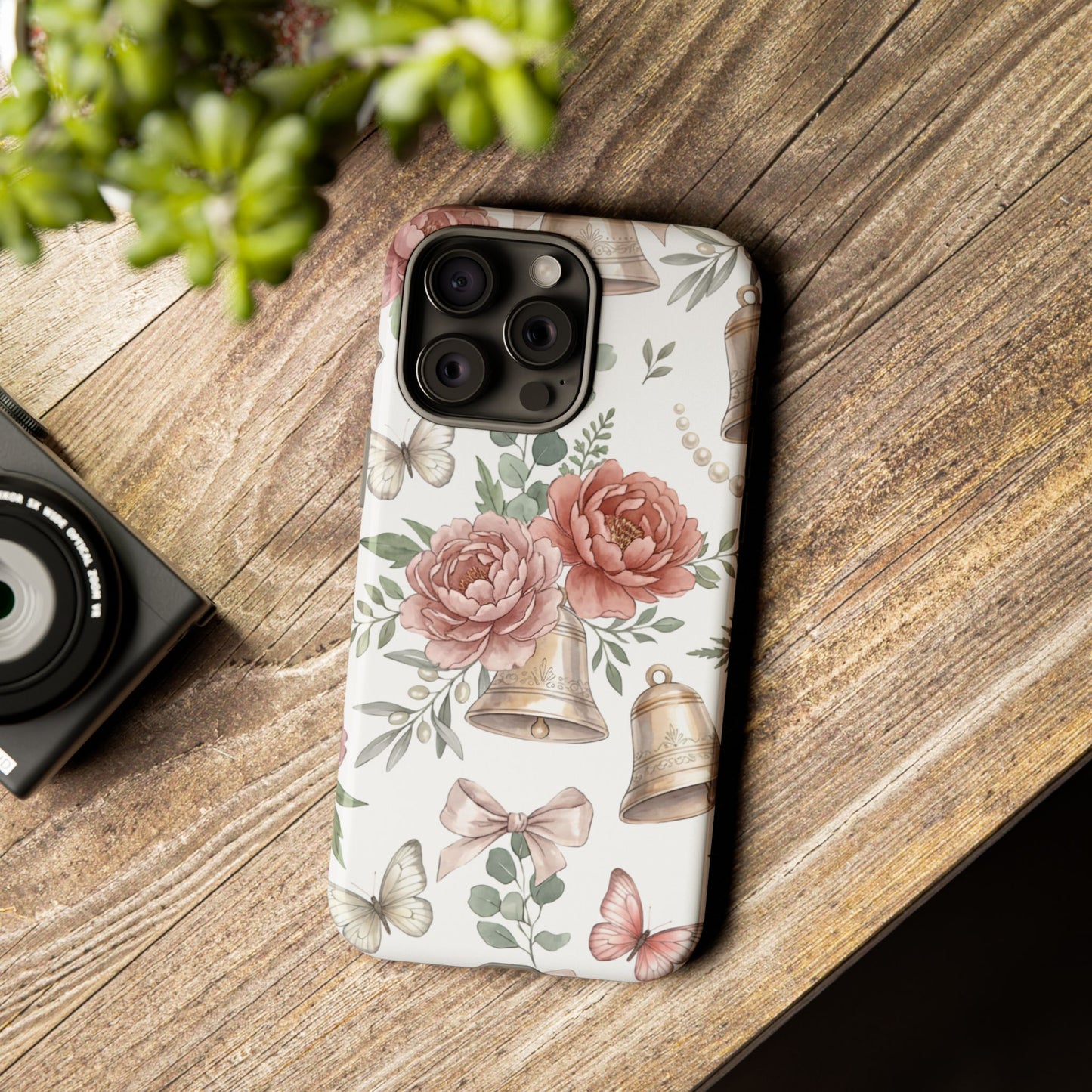 Floral Wedding Bells Phone Case — Vintage Roses, Butterflies & Bow Protective Tough Case