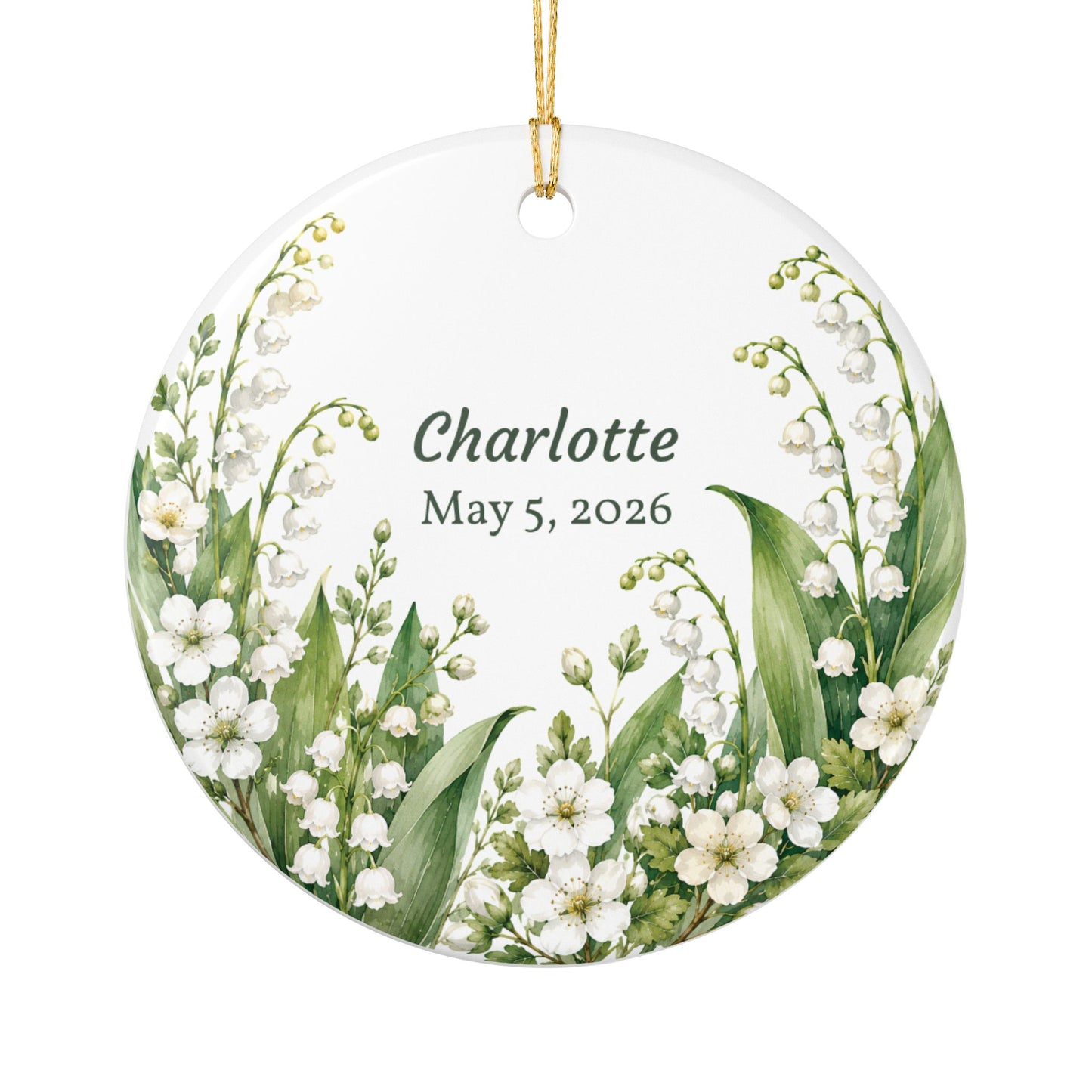 Personalized Lily of the Valley Ceramic Ornament — Custom Name & Date (Wedding, Christening, Mother's Day)