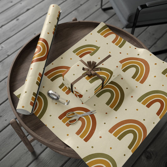 Boho Rainbow Wrapping Paper – Earth Tone Arches & Dots on Neutral Background