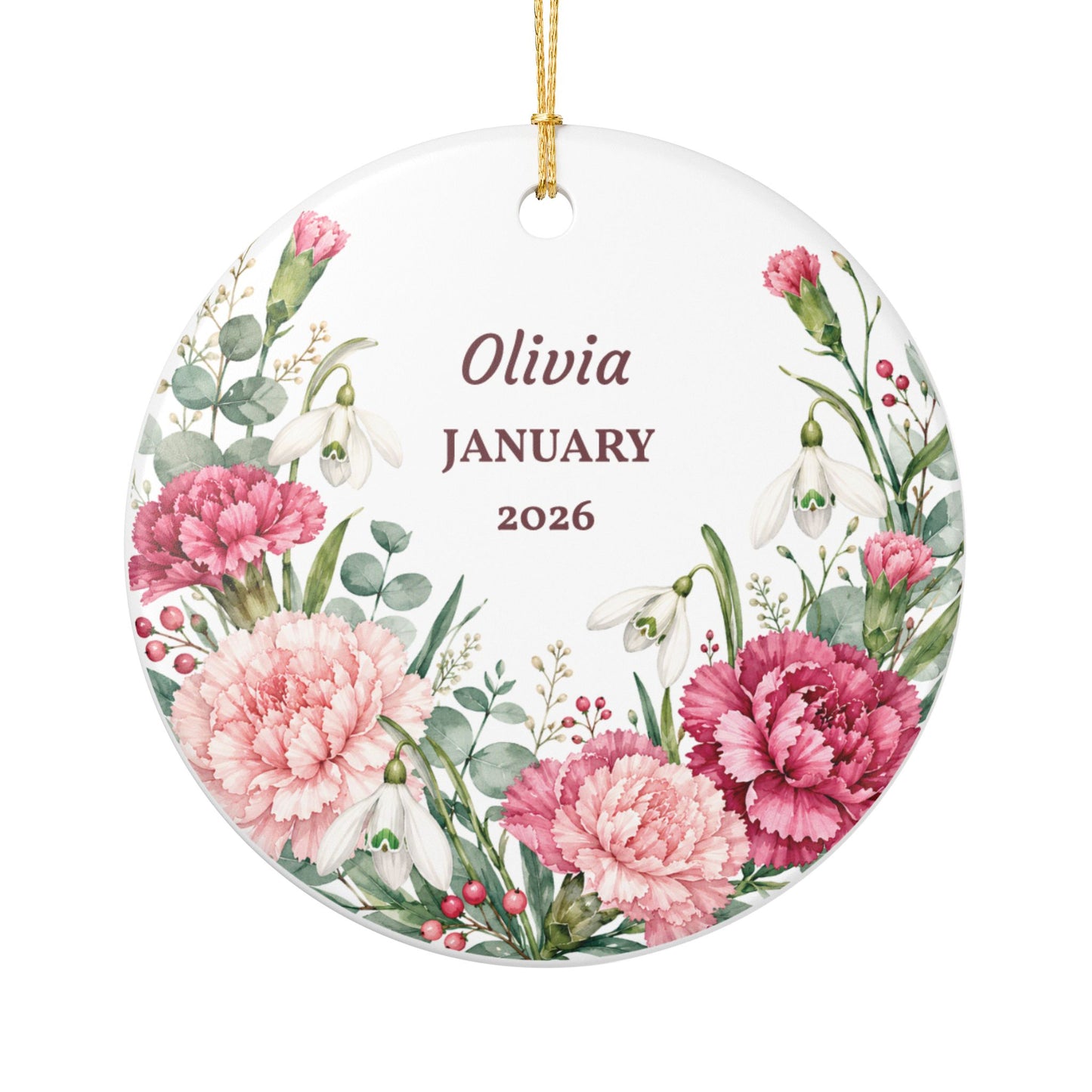 Personalized Floral Ornament — Custom Name & Month Ceramic Keepsake (January)