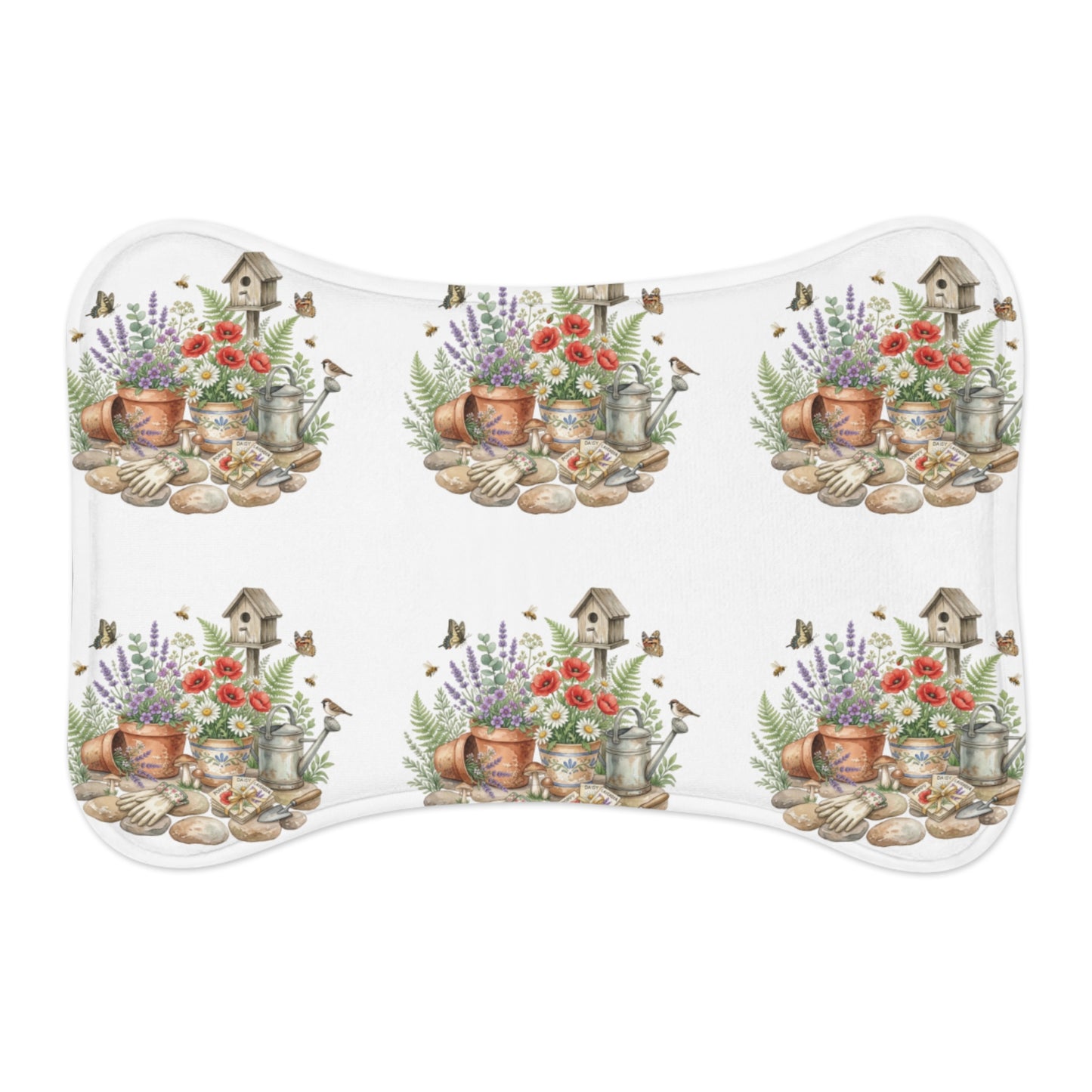 Floral Garden Pet Feeding Mat — Watercolor Birdhouse & Flowers